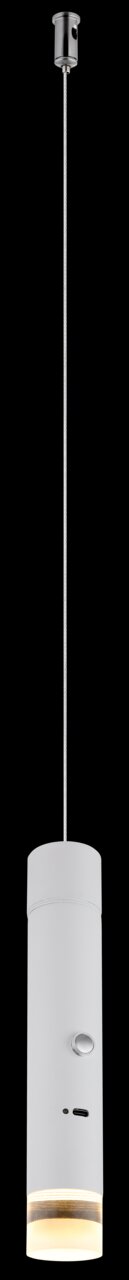 Moderne Akku-Pendelleuchte in zylindrischer Form, Ansicht von der Seite.