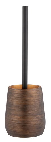 WC-Garnitur Palena in Bronze, seitliche Perspektive, bestehend aus einem bronzefarbenen Behälter mit Holzoptik und einem schwarzen Stiel.