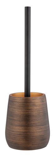 WC-Garnitur Palena in Bronze, seitliche Perspektive, bestehend aus einem bronzefarbenen Behälter mit Holzoptik und einem schwarzen Stiel.