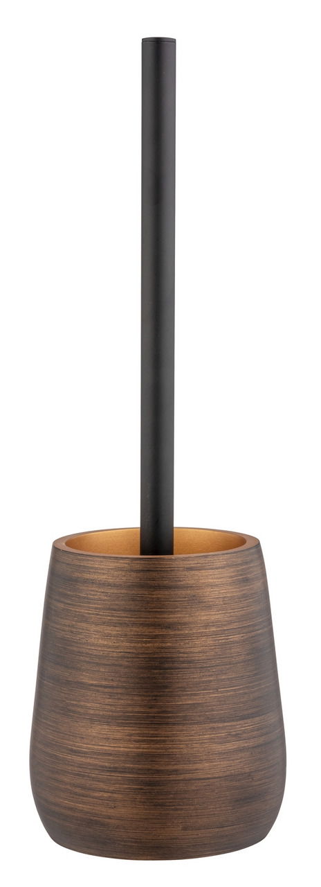 WC-Garnitur Palena in Bronze, seitliche Perspektive, bestehend aus einem bronzefarbenen Behälter mit Holzoptik und einem schwarzen Stiel.