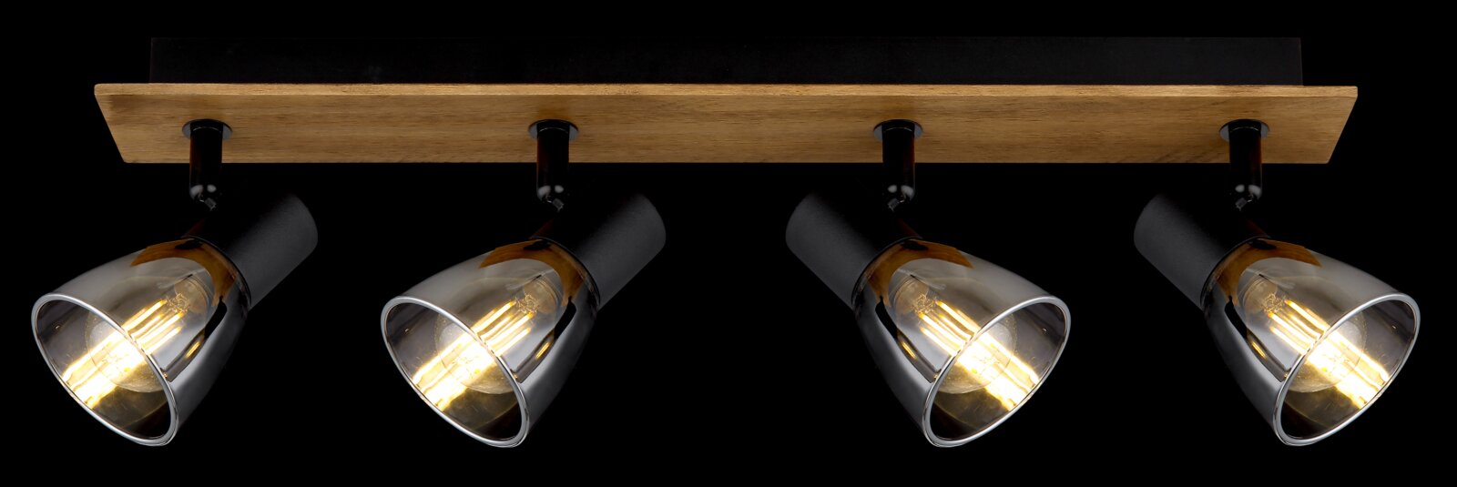 Deckenstrahler mit vier verstellbaren Leuchten, Holz- und Metallelemente, seitliche Perspektive