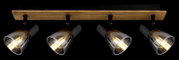 Deckenstrahler mit vier verstellbaren Leuchten, Holz- und Metallelemente, seitliche Perspektive