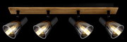 Deckenstrahler mit vier verstellbaren Leuchten, Holz- und Metallelemente, seitliche Perspektive