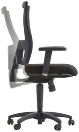 Seitenansicht eines schwarzen Drehstuhls mit verstellbarer Rückenlehne und Armlehnen.