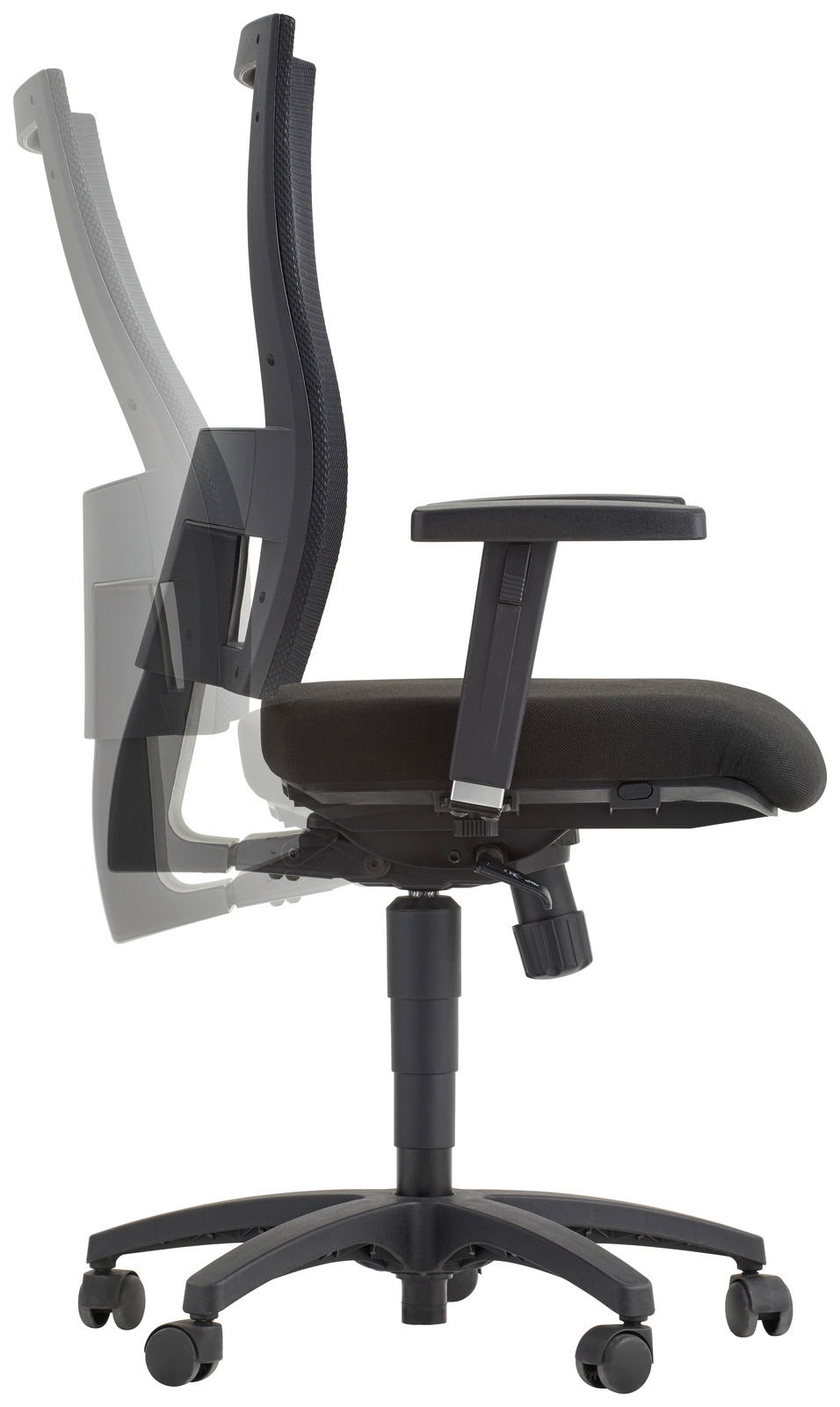 Seitenansicht eines schwarzen Drehstuhls mit verstellbarer Rückenlehne und Armlehnen.