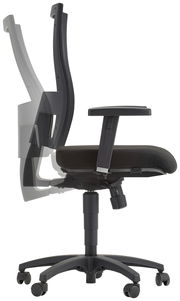 Seitenansicht eines schwarzen Drehstuhls mit verstellbarer Rückenlehne und Armlehnen.