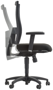 Seitenansicht eines schwarzen Drehstuhls mit verstellbarer Rückenlehne und Armlehnen.