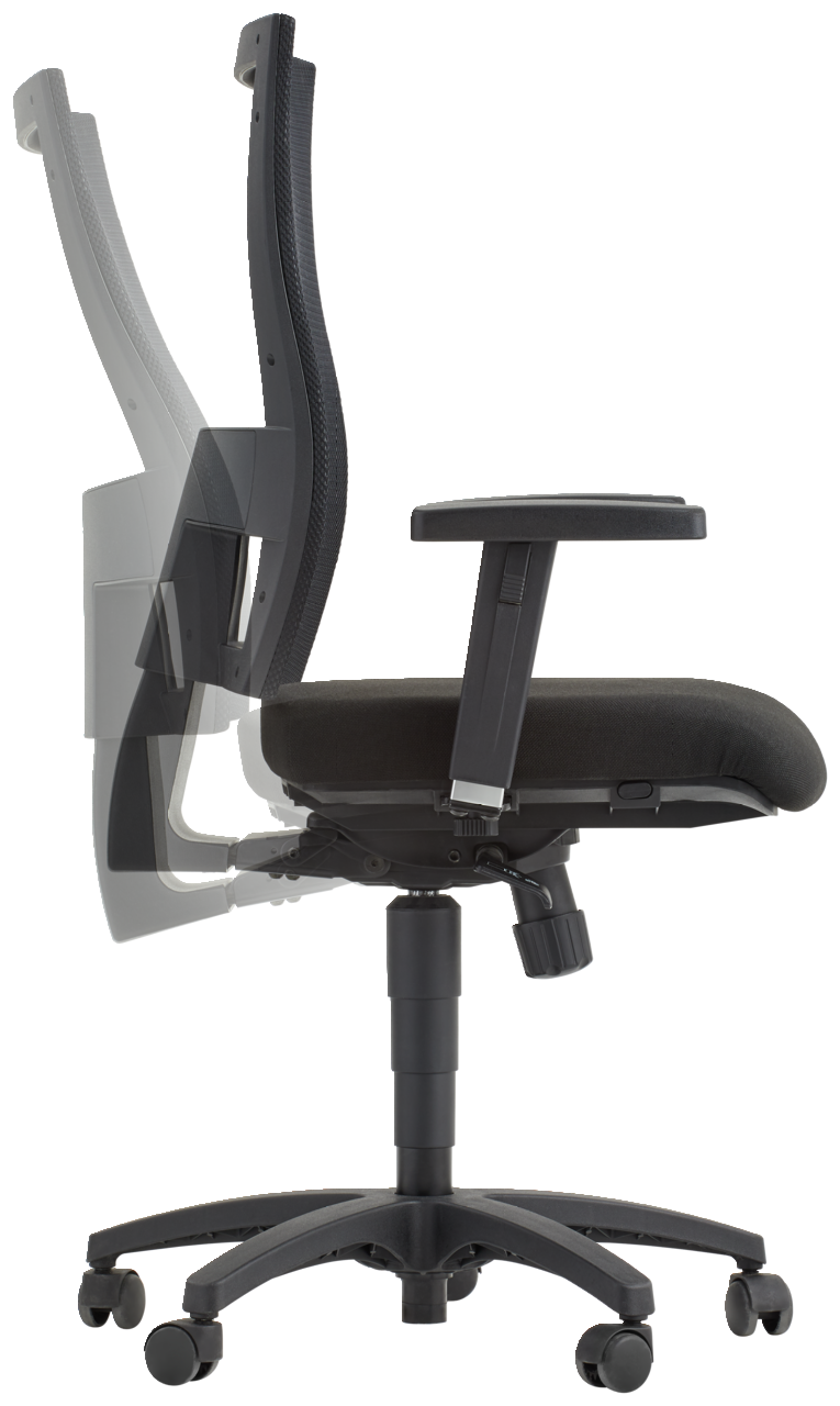 Seitenansicht eines schwarzen Drehstuhls mit verstellbarer Rückenlehne und Armlehnen.