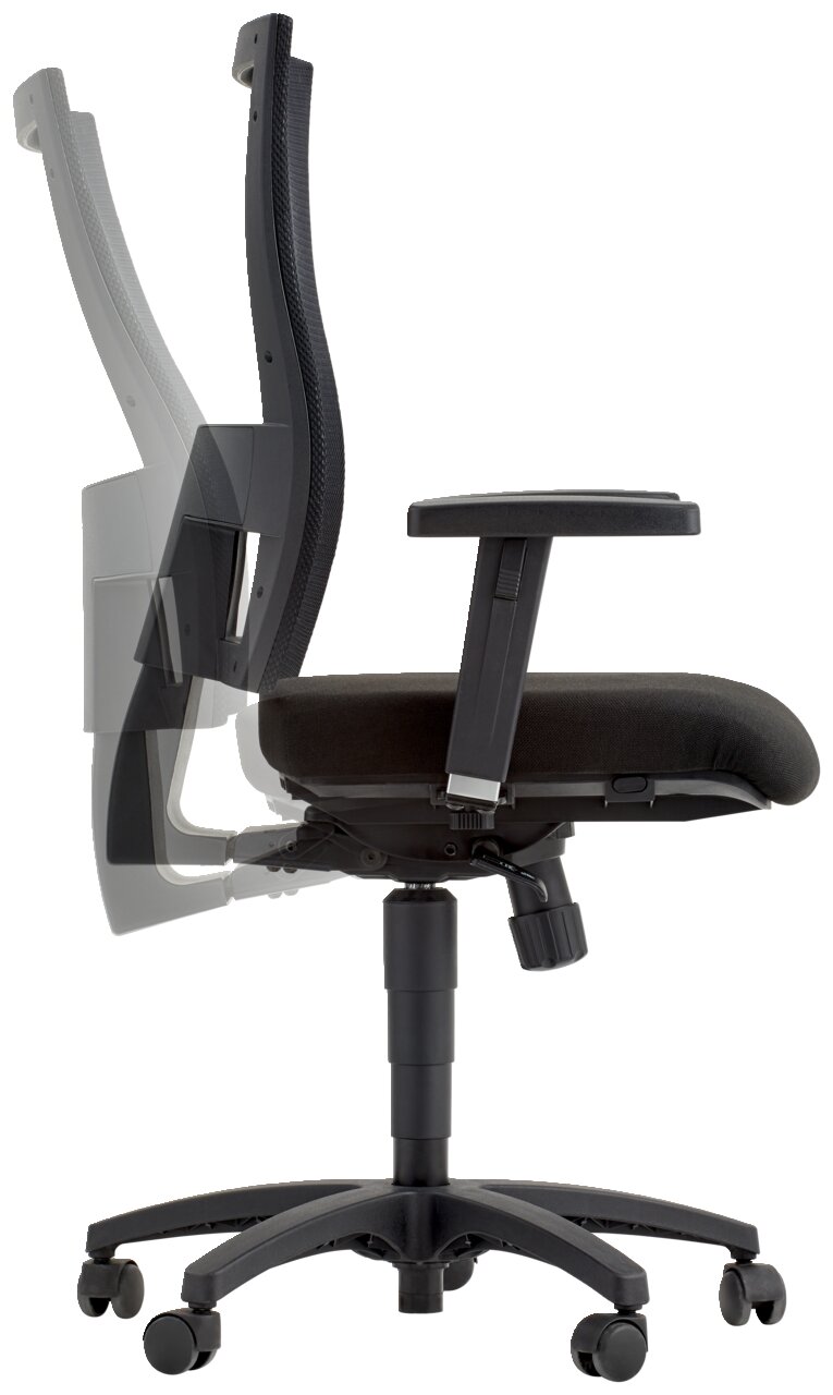 Seitenansicht eines schwarzen Drehstuhls mit verstellbarer Rückenlehne und Armlehnen.