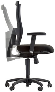 Seitenansicht eines schwarzen Drehstuhls mit verstellbarer Rückenlehne und Armlehnen.