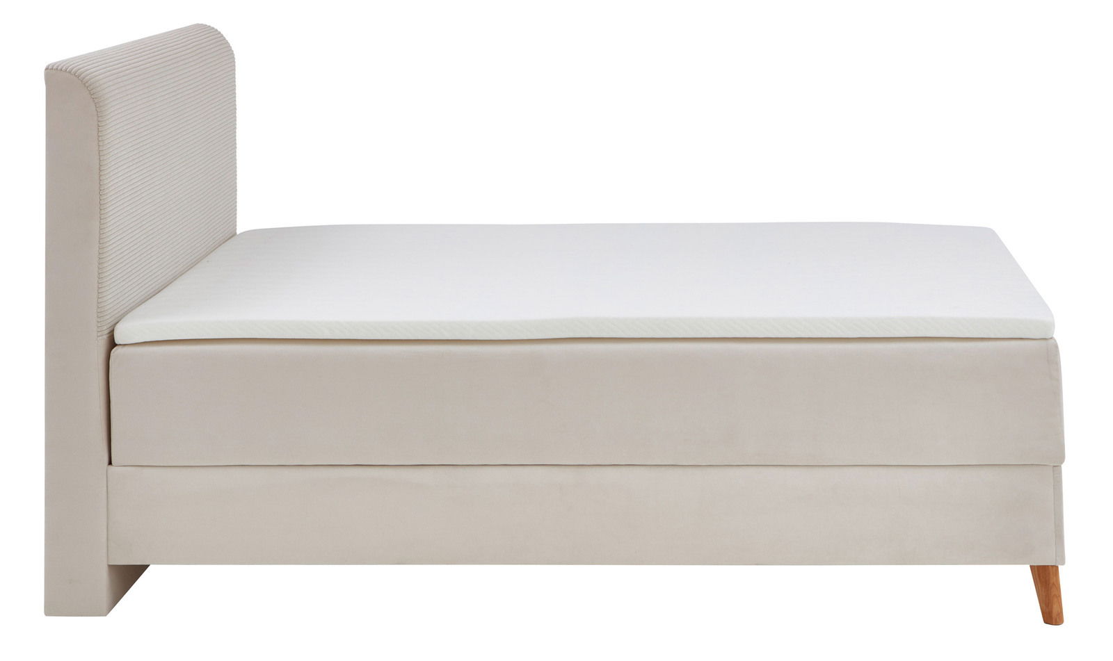 Seitliche Ansicht eines Boxspringbetts mit hellem Stoffbezug und Holzfüßen.