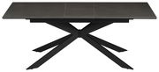 Moderner Esstisch mit dunkler Tischplatte und schwarzem, kreuzförmigem Metallgestell, Frontalansicht.