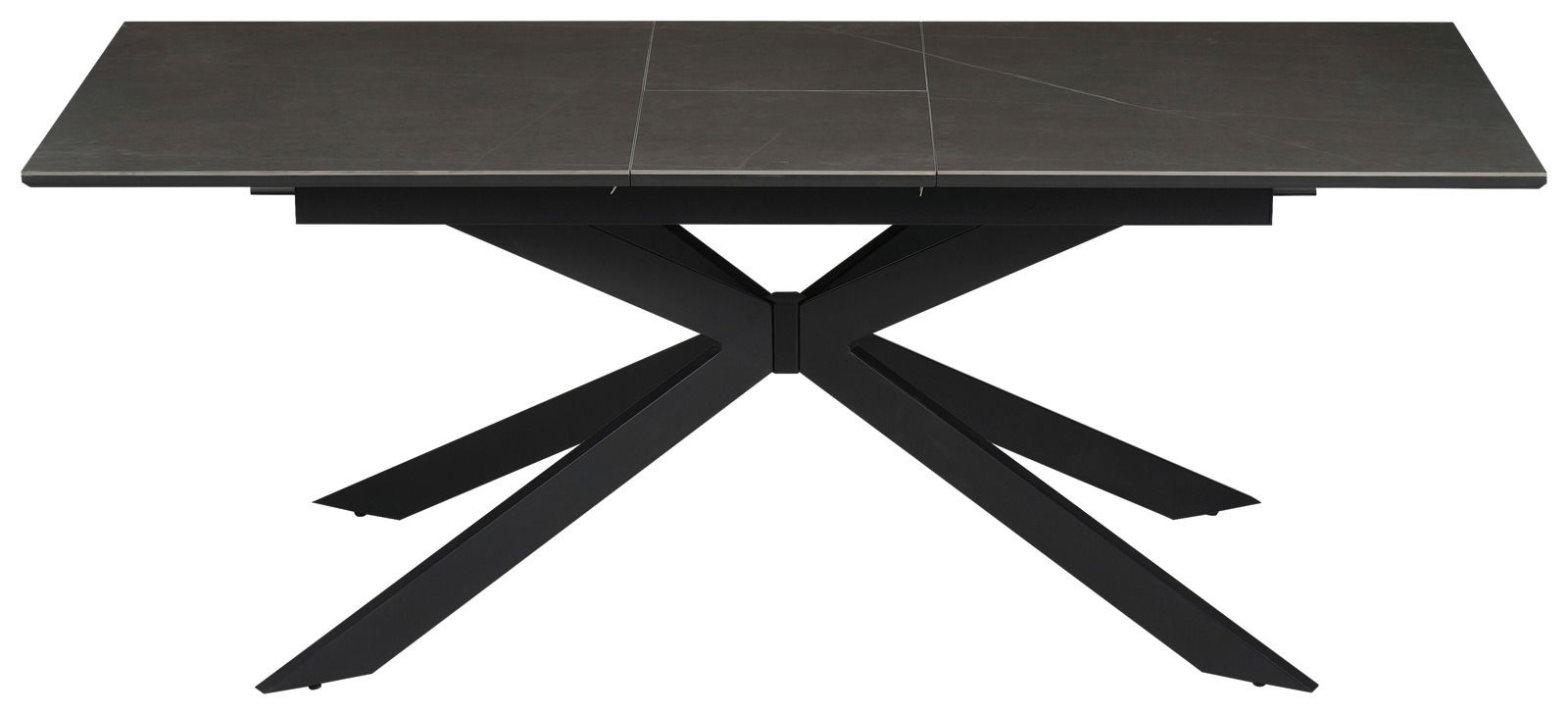 Moderner Esstisch mit dunkler Tischplatte und schwarzem, kreuzförmigem Metallgestell, Frontalansicht.