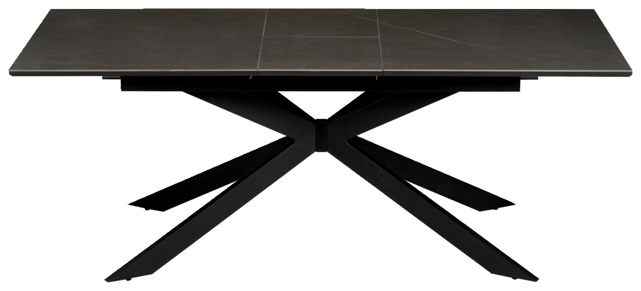 Moderner Esstisch mit dunkler Tischplatte und schwarzem, kreuzförmigem Metallgestell, Frontalansicht.