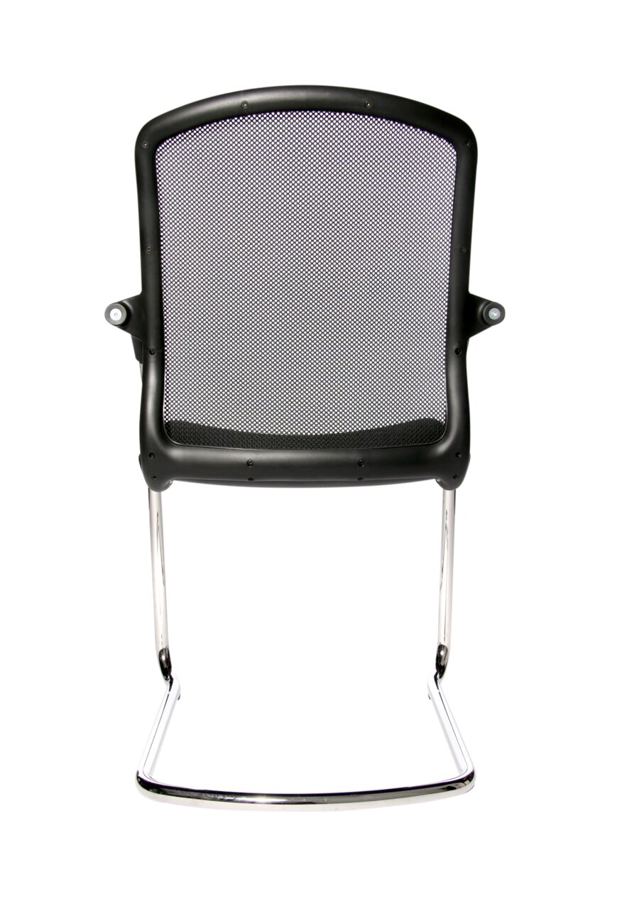 Rückansicht eines Besucherstuhls mit schwarzer Netzrückenlehne und verchromtem Gestell.