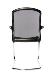 Rückansicht eines Besucherstuhls mit schwarzer Netzrückenlehne und verchromtem Gestell.