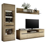 Wandkombination aus Holz mit Regal, Vitrine und TV-Schrank, seitliche Perspektive