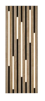 Moderne Deckenleuchte mit vertikalen Holzlamellen und integrierter Beleuchtung, Frontalansicht