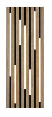 Moderne Deckenleuchte mit vertikalen Holzlamellen und integrierter Beleuchtung, Frontalansicht