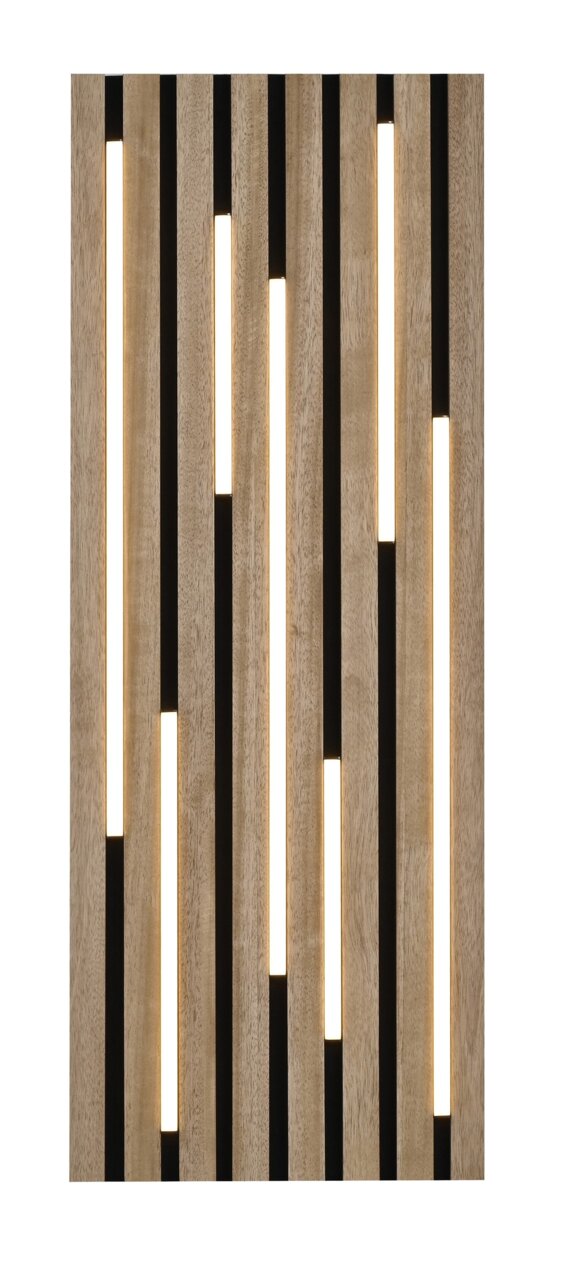 Moderne Deckenleuchte mit vertikalen Holzlamellen und integrierter Beleuchtung, Frontalansicht