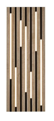 Moderne plafondlamp met verticale houten lamellen en ingebouwde verlichting, vooraanzicht