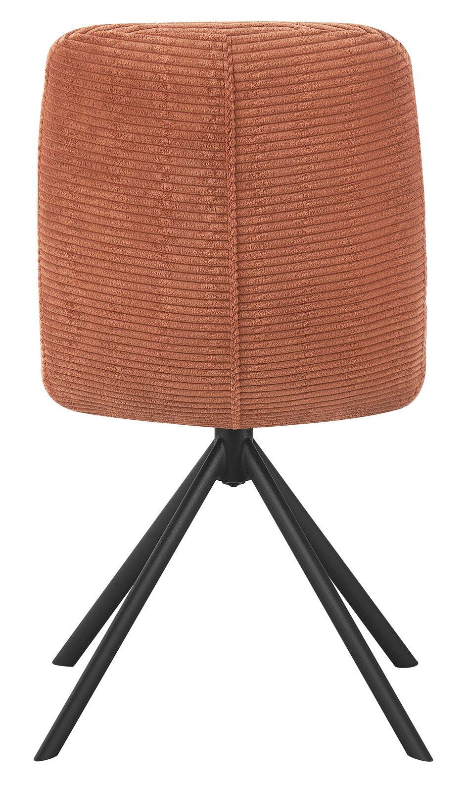 Rückansicht eines modernen Stuhls mit rostfarbenem, geripptem Stoffbezug und schwarzen Metallbeinen.