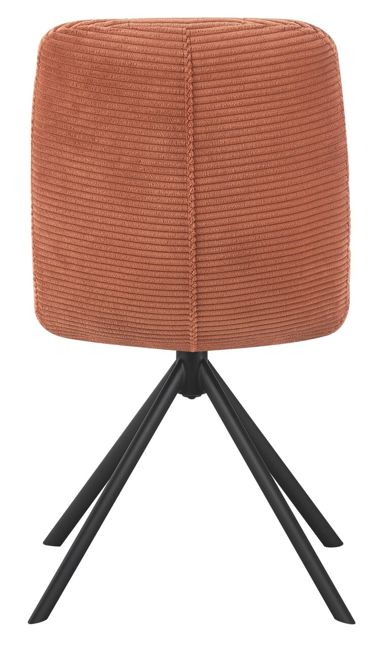 Achterkant van een moderne stoel met een roestkleurige, geribbelde stoffen bekleding en zwarte metalen poten.