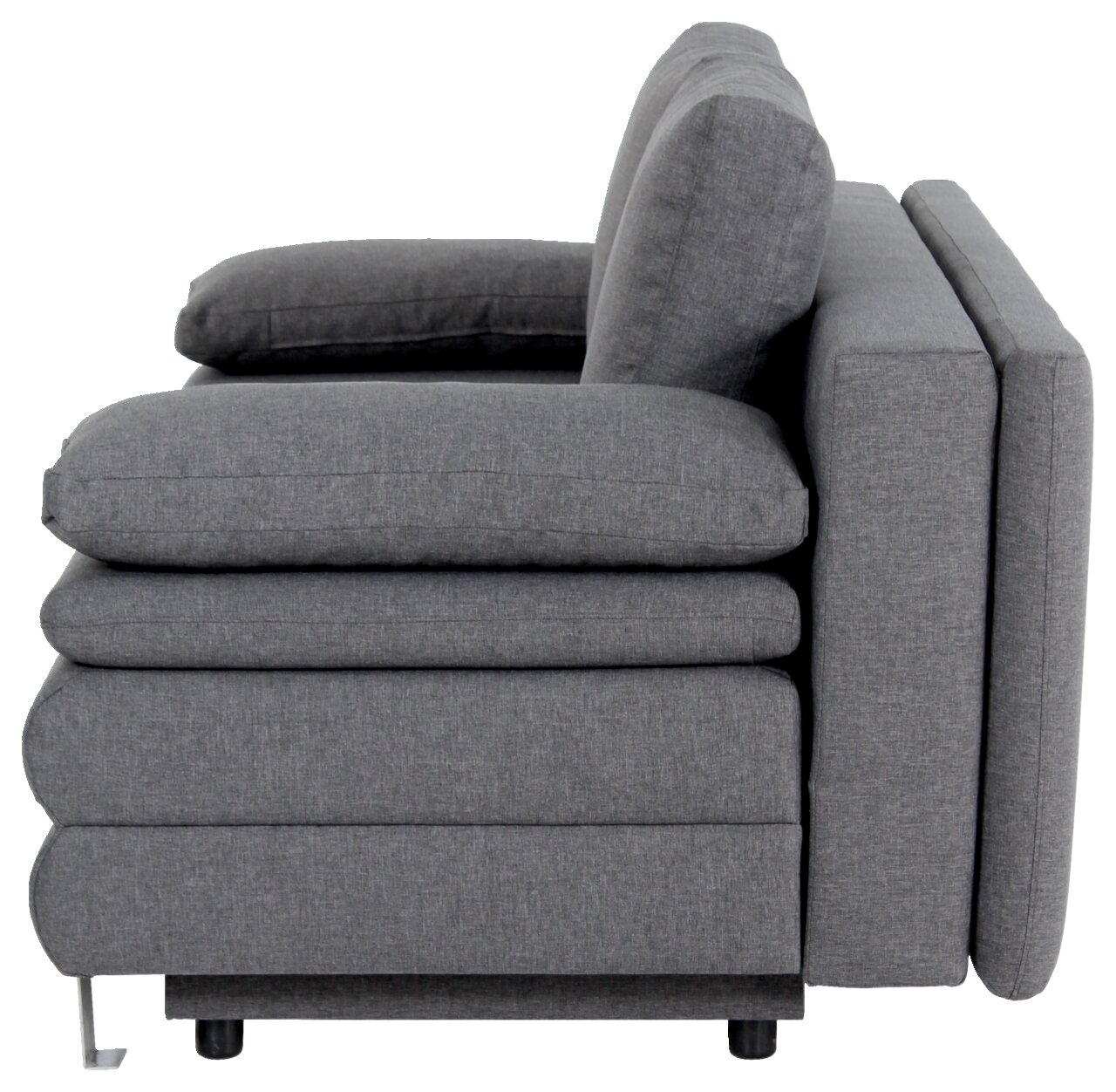 Seitenansicht eines grauen Funktionssofas mit Armlehne und Rückenlehne.