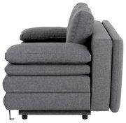 Seitenansicht eines grauen Funktionssofas mit Armlehne und Rückenlehne.