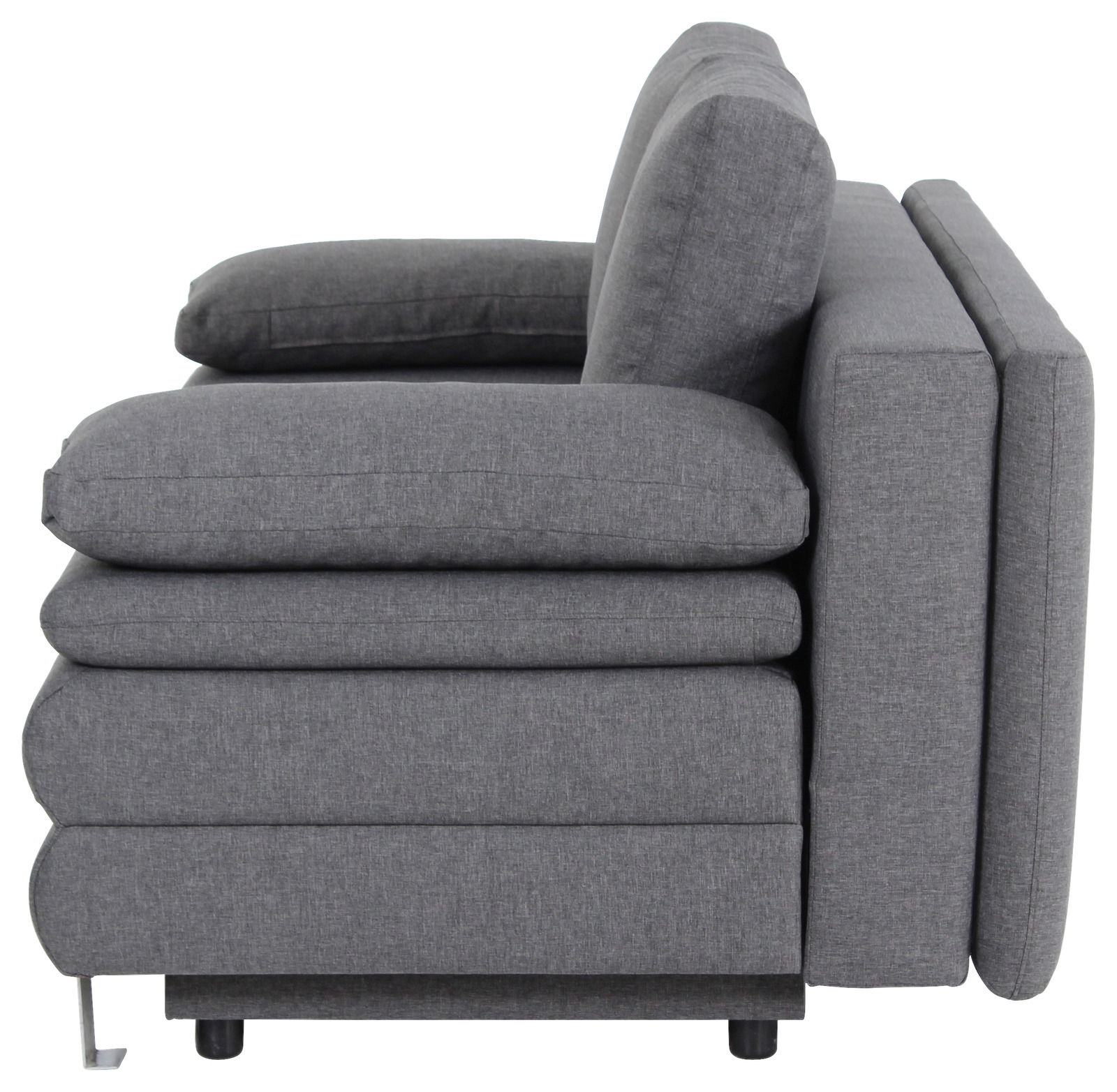 Seitenansicht eines grauen Funktionssofas mit Armlehne und Rückenlehne.