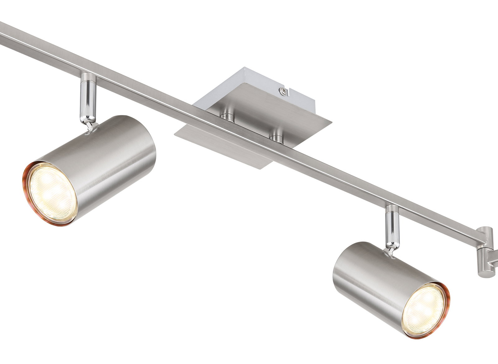Moderner Strahler aus gebürstetem Metall mit zwei verstellbaren Leuchten, seitliche Perspektive.