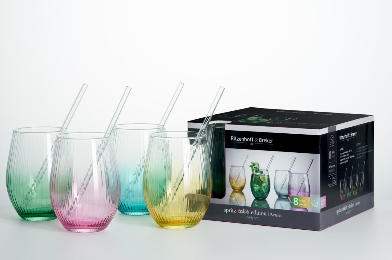 Ritzenhoff & Breker Longdrinkglazen, 8 stuks SPRITZ Set gekleurde drinkglazen met rietjes, zijaanzicht, bestaande uit vier glazen in verschillende kleuren naast de verpakking.