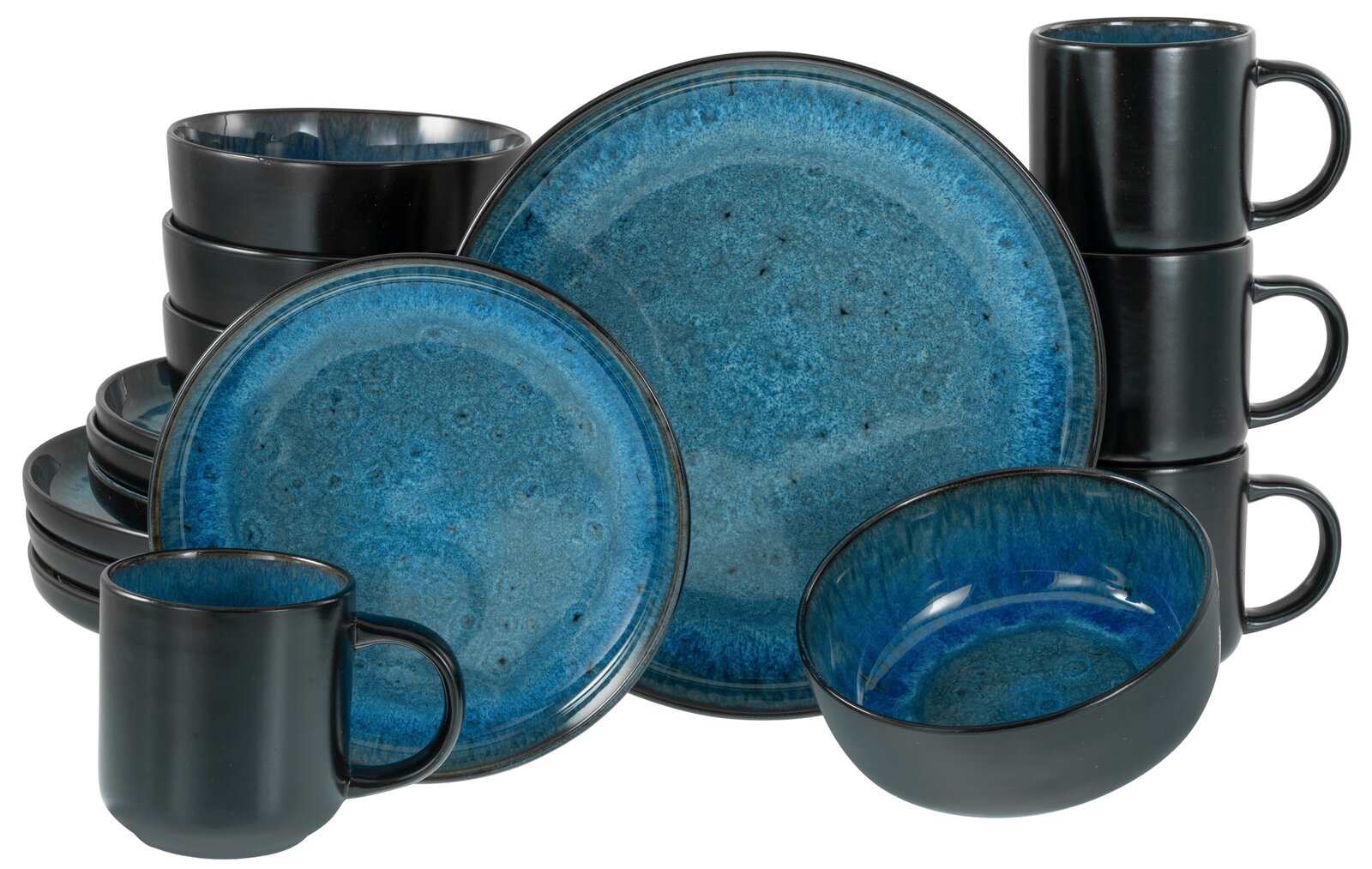 Kombiservice 16-tlg in Blau und Schwarz, bestehend aus Tellern, Schalen und Tassen, aus einer leicht erhöhten Perspektive fotografiert.