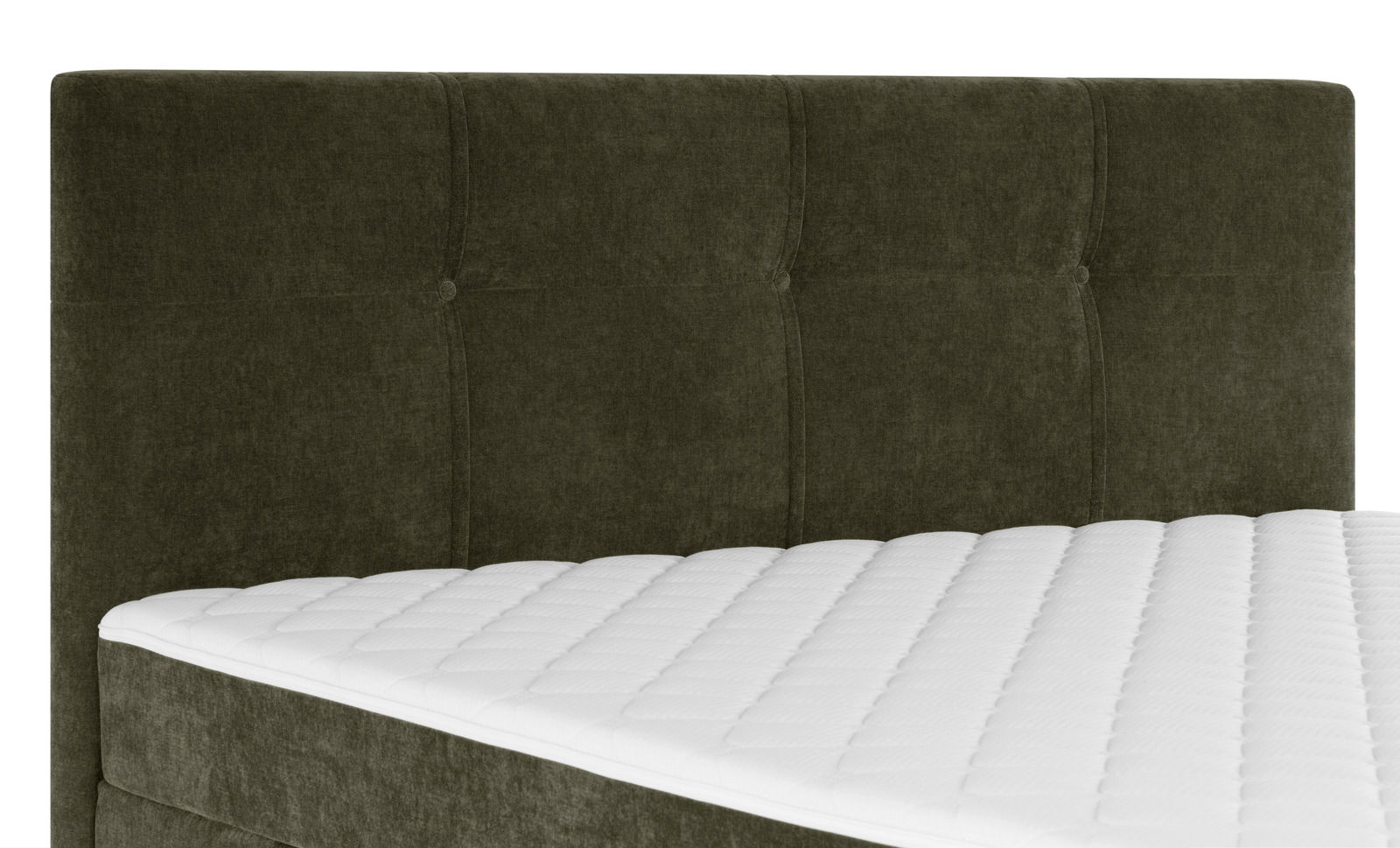Boxbett mit gepolstertem Kopfteil in dunklem Stoff, seitliche Perspektive