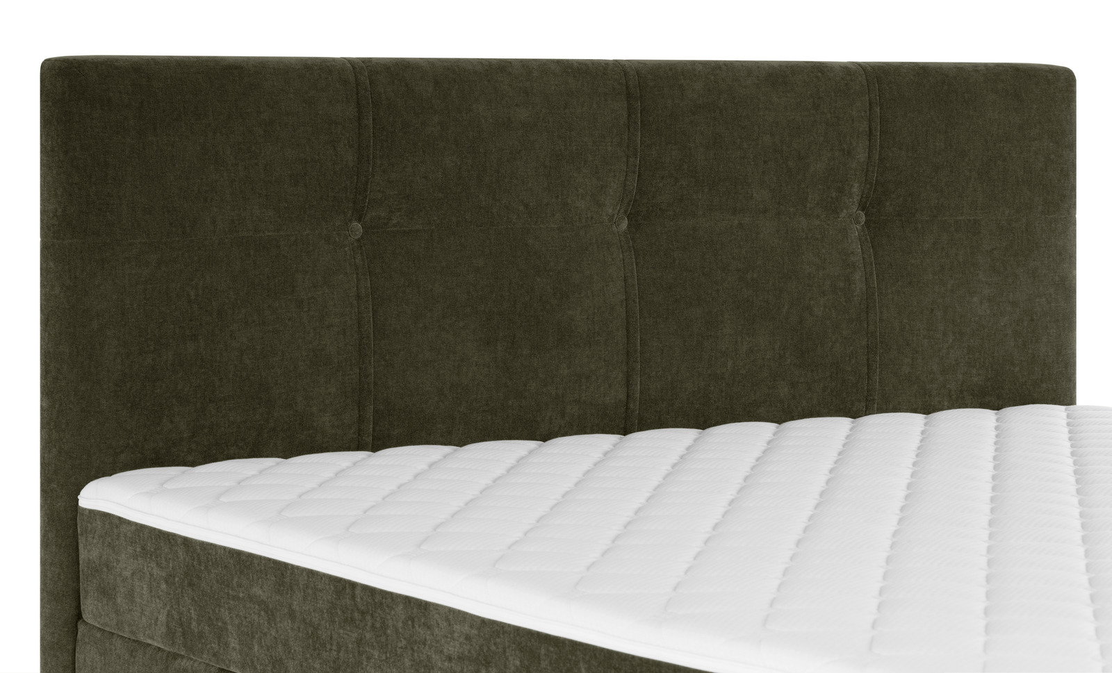 Boxbett mit gepolstertem Kopfteil in dunklem Stoff, seitliche Perspektive