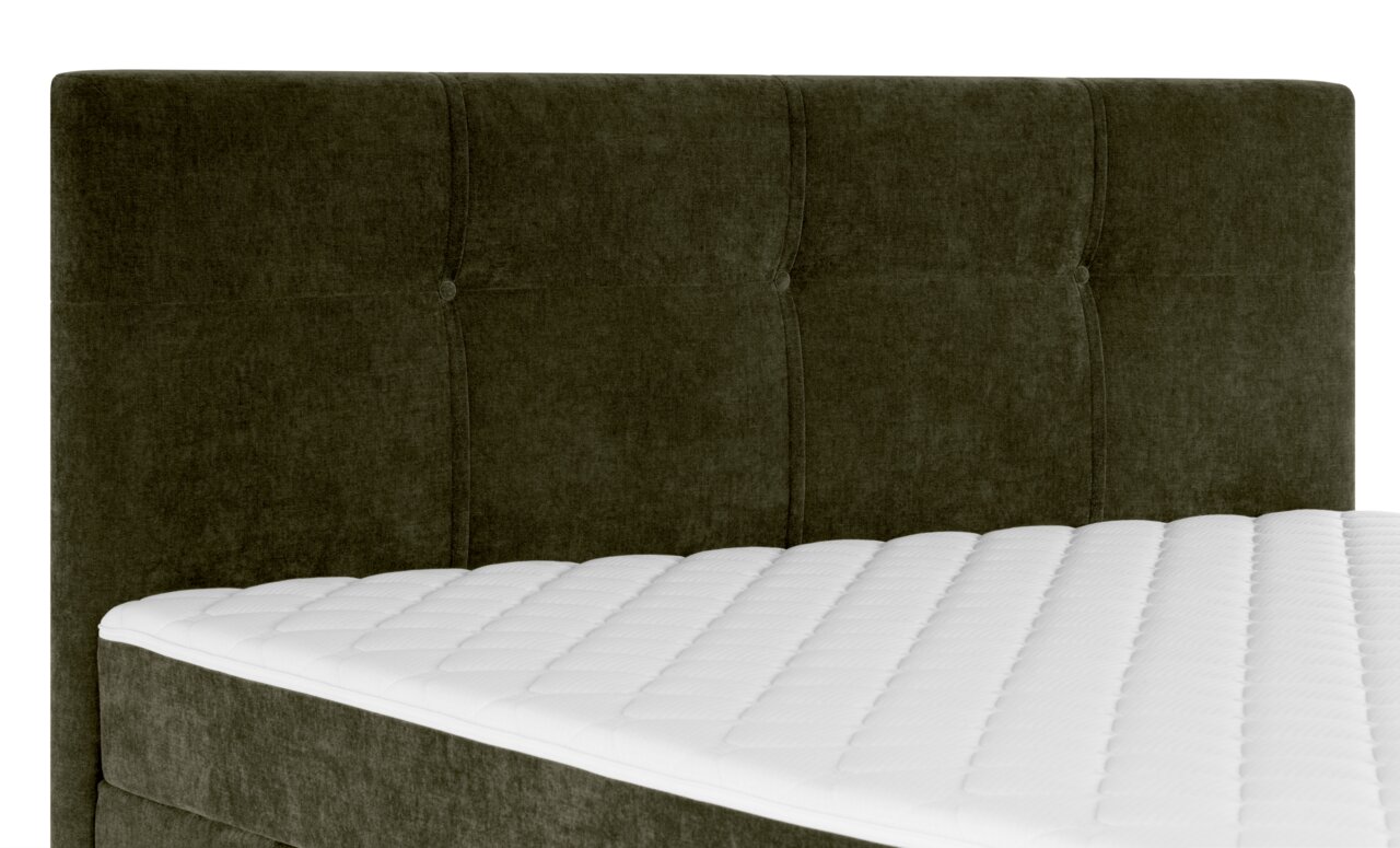 Boxbett mit gepolstertem Kopfteil in dunklem Stoff, seitliche Perspektive