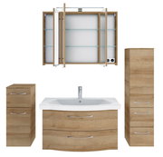 Badezimmermöbel-Set in Holzoptik mit Waschbeckenunterschrank, Spiegelschrank und Hochschrank, Frontalansicht