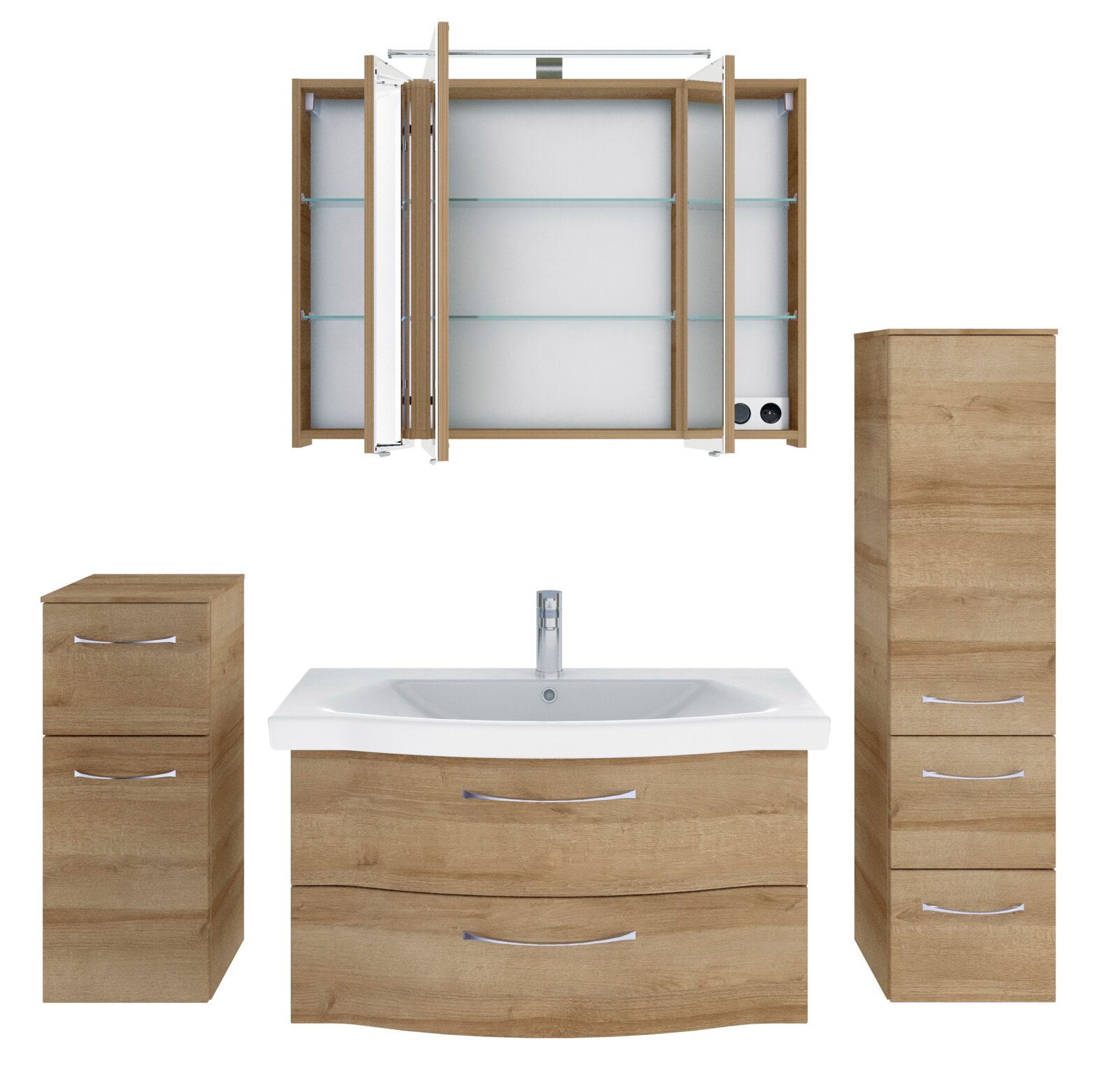 Badezimmermöbel-Set in Holzoptik mit Waschbeckenunterschrank, Spiegelschrank und Hochschrank, Frontalansicht