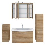 Badezimmermöbel-Set in Holzoptik mit Waschbeckenunterschrank, Spiegelschrank und Hochschrank, Frontalansicht