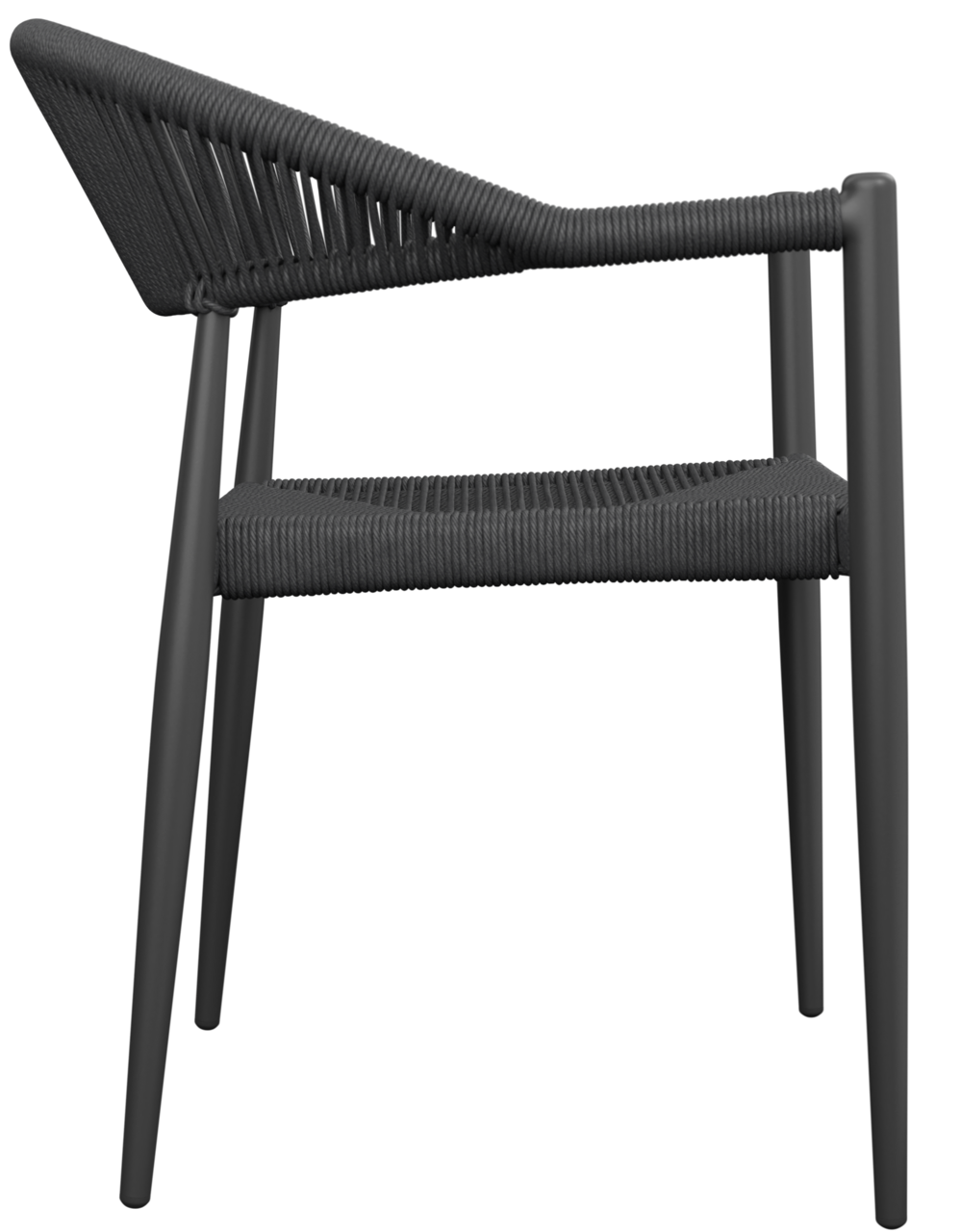 Seitenansicht eines modernen, schwarzen Stapelsessels mit Seilgeflecht.