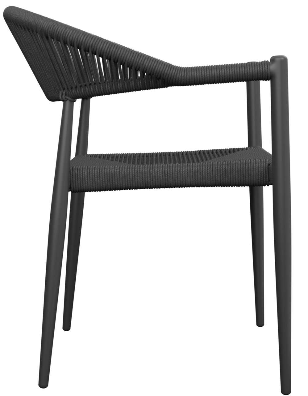 Seitenansicht eines modernen, schwarzen Stapelsessels mit Seilgeflecht.