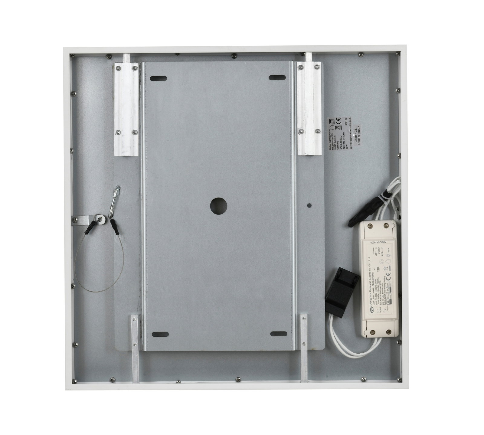 Rückansicht einer LED-Deckenleuchte mit sichtbarer Verkabelung und Montagestruktur.