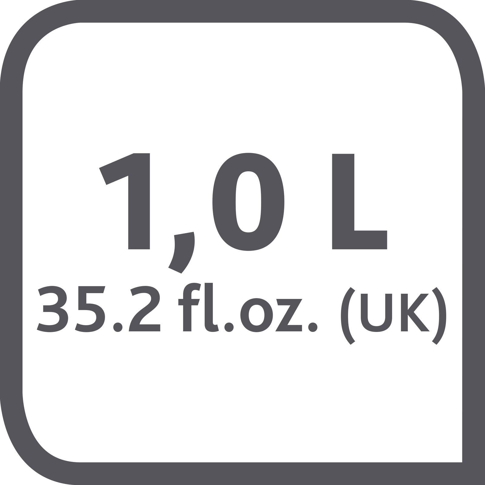 Grafik mit der Aufschrift 1,0 L und 35,2 fl. oz. (UK) in einer stilisierten Darstellung.