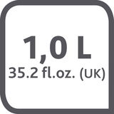 Grafik mit der Aufschrift 1,0 L und 35,2 fl. oz. (UK) in einer stilisierten Darstellung.