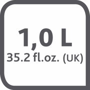 Grafik mit der Aufschrift 1,0 L und 35,2 fl. oz. (UK) in einer stilisierten Darstellung.