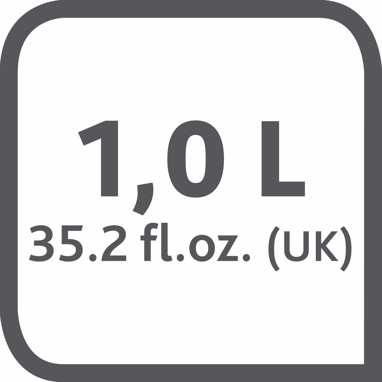 Grafik mit der Aufschrift 1,0 L und 35,2 fl. oz. (UK) in einer stilisierten Darstellung.