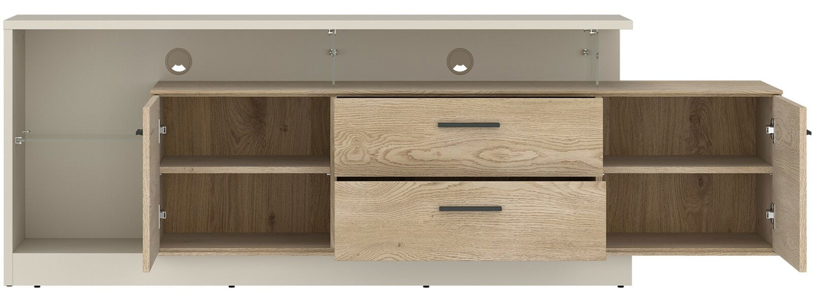 TV-Lowboard in Holzoptik mit zwei Schubladen und offenen Türen, frontale Ansicht