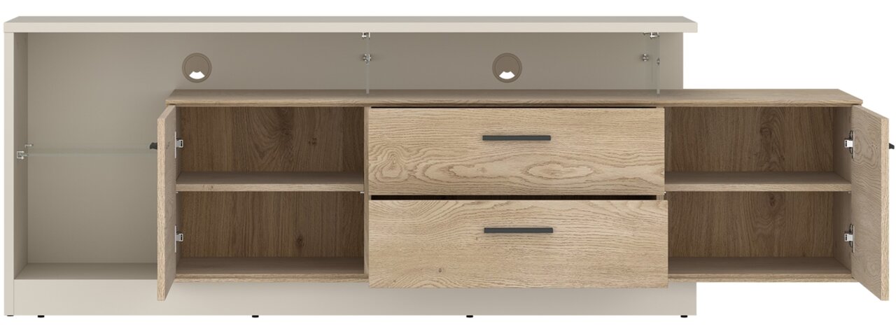 TV-Lowboard in Holzoptik mit zwei Schubladen und offenen Türen, frontale Ansicht