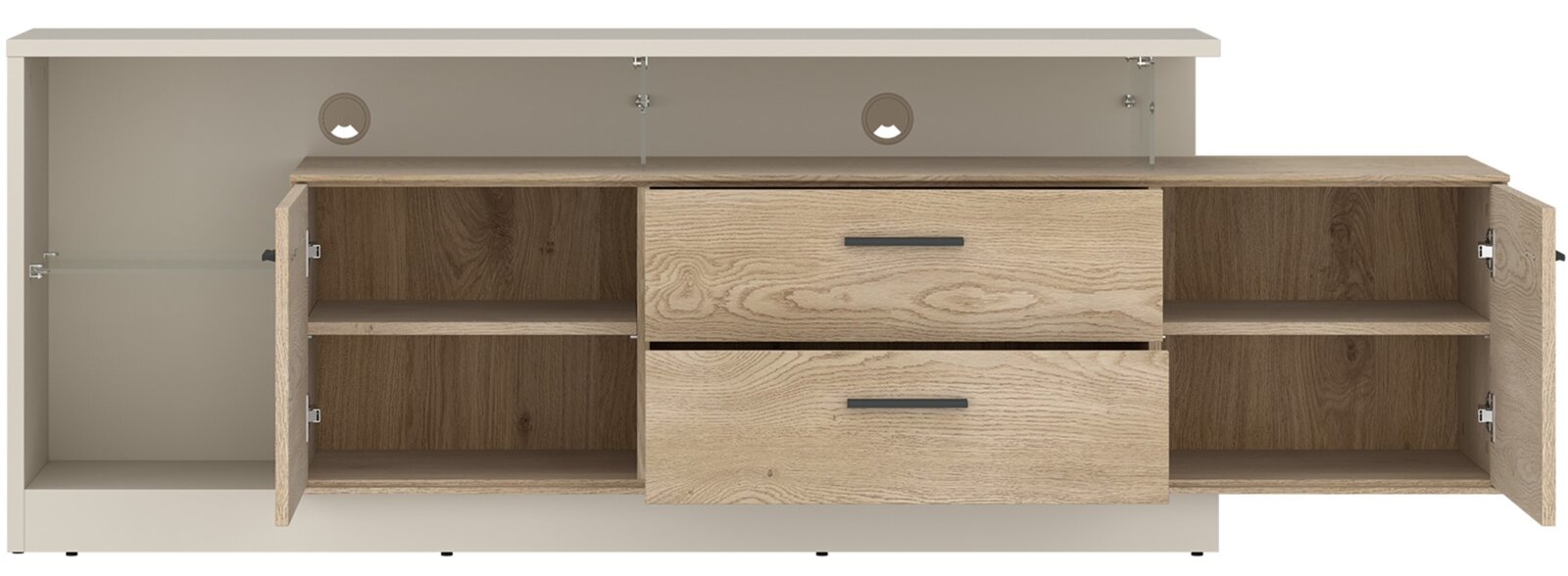 TV-Lowboard in Holzoptik mit zwei Schubladen und offenen Türen, frontale Ansicht