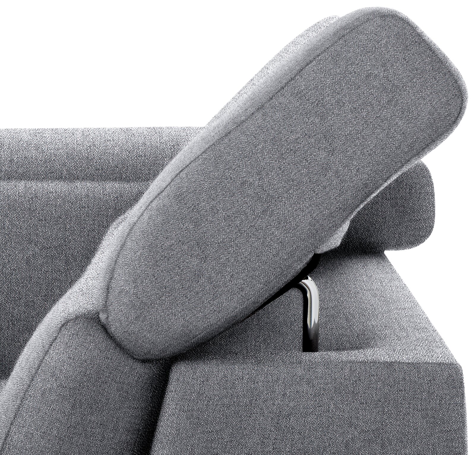 Detailansicht einer grauen Polsterecke mit verstellbarer Kopfstütze und Metallhalterung.